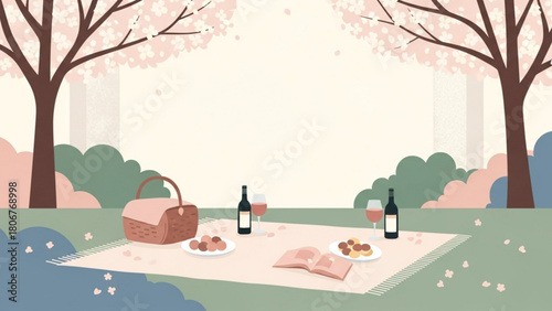 Picnic arrangement displayed on blanket beneath cherry blossom trees in serene park setting, evoking feelings of relaxation and springtime joy.