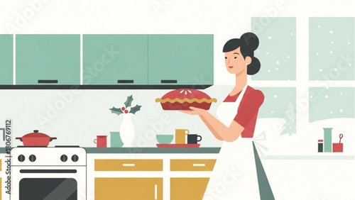 Woman holding freshly baked pie in cozy kitchen during winter season, showcasing holiday baking and domestic warmth.