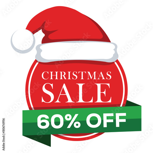 A festive Christmas sale graphic featuring a red Santa hat on a red circle that reads "CHRISTMAS SALE." A green ribbon banner below advertises a 60% OFF discount