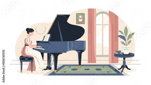 Elegant woman playing grand piano in bright living room with soft light filtering through window creating peaceful and artistic atmosphere.