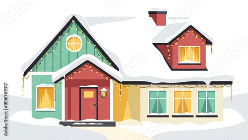 Cozy house decorated with festive lights sits nestled in snowcovered landscape during peaceful winter evening, radiating warmth and holiday cheer.