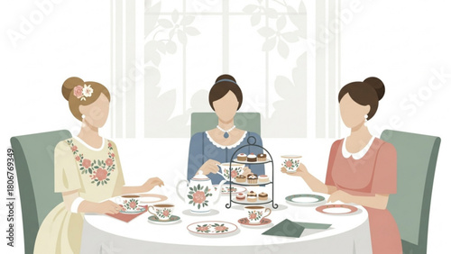 Elegant women enjoy afternoon tea at round table in bright room, sharing pastries and conversation in a scene of refined leisure.