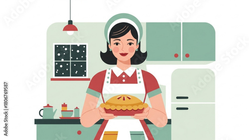 Smiling woman holding freshly baked pie in cozy kitchen, showcasing her culinary skills with a warm and inviting atmosphere.