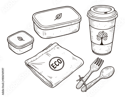 Eco Friendly Takeaway Set Doodle Style Vector Illustration, Lunch Boxes, Coffee Cup & Cutlery Illustration, Sketch doodle style ink illustration