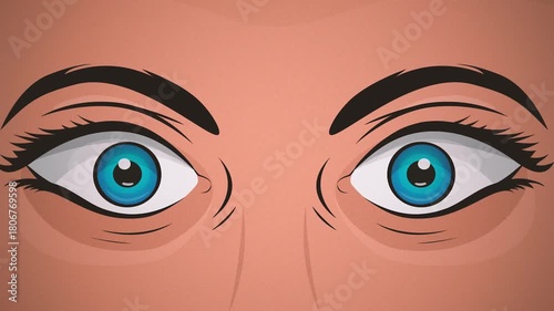 Comic Woman Eyes Watching Background Loop/ Animation of a cartoon comic background made up of a woman face and her eyes watching with fright and fear expression with pupil and eyebrows motion