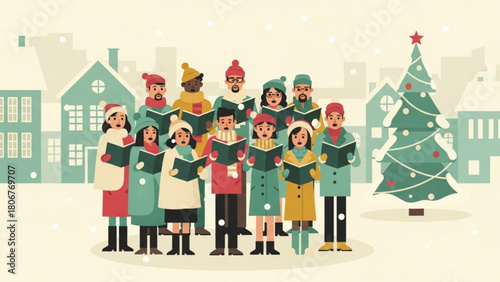 Christmas carolers sing traditional songs in a snowy town square near a decorated tree, spreading holiday cheer and festive spirit.