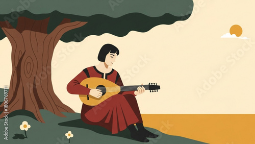 Woman playing mandolin under a tree by the sea, enjoying a peaceful afternoon with warm sunlight and a serene atmosphere.