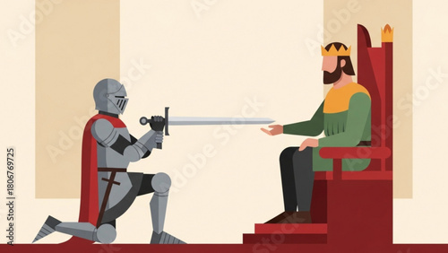 Knight kneels before the king presenting a sword in a formal ceremony within the royal throne room, symbolizing loyalty and tradition.