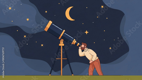 Man observes night sky through telescope in peaceful outdoor setting, enjoying stars and moon on clear evening, creating a sense of wonder and tranquility.