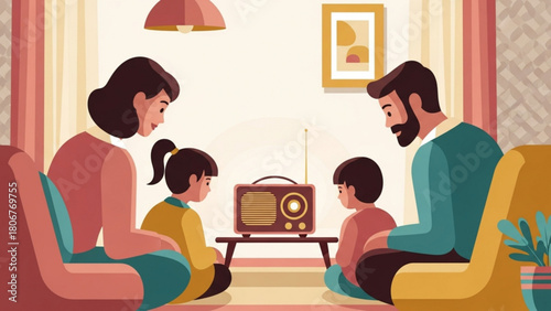 Family listens to vintage radio in cozy living room, enjoying nostalgic moment together with warm and comforting atmosphere.