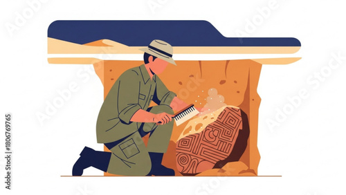 Archaeologist carefully excavating ancient artifact from desert dig site, revealing intricate carvings and historical significance in the arid landscape.
