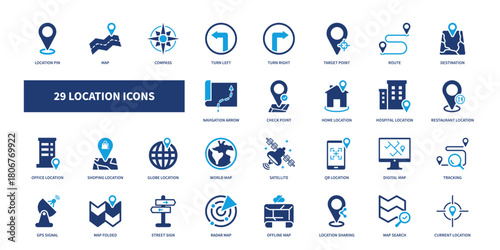 Location icon set solid for map navigation, route direction, gps tracking, destination, position marker
