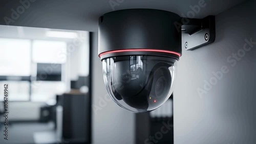 A sleek, modern dome security camera with a prominent red indicator light is strategically mounted in an indoor contemporary setting, likely a commercial or office space. The advanced digital monitori