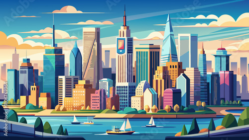 Very beautiful panoramic view of Lower Manhattan from the south, highlighting the towering skyscrapers, waterfront, and bustling cityscape under a clear sky, capturing the dynamic energy of New York 