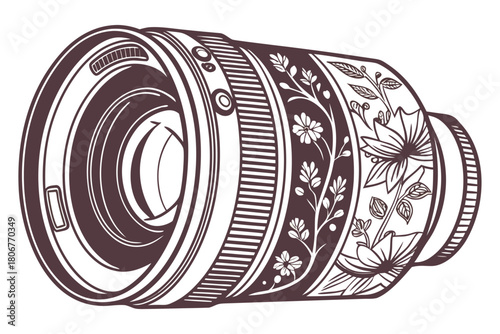 Detailed line art illustration of a camera lens adorned with intricate floral patterns isolated on