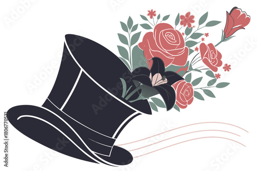 Elegant top hat with a floral arrangement, featuring roses and lilies isolated on