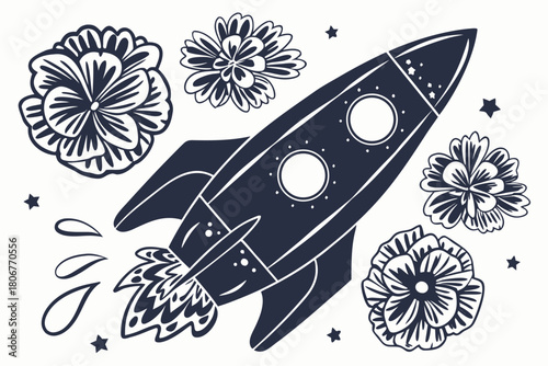 Rocket ship surrounded by flowers isolated on, a celestial and botanical fusion design