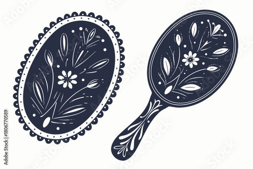 Vintage mirror and brush with floral design isolated on, a symbol of beauty and elegance