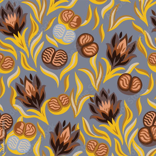 Trendy botanical seamless pattern featuring Dragon Fruit and Lithops. Detailed vector illustration for fabric, wallpaper, branding, and decor.