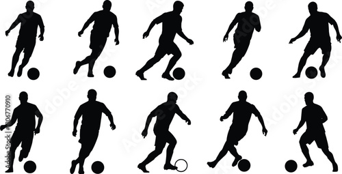 Soccer player silhouette collection showing running, dribbling, kicking and ball control action poses for sports training, athletic movement illustrations and football design projects