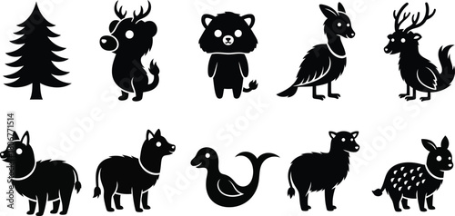 Assortment of Black Silhouette Woodland and Farm Animals with a Christmas Tree cartoon illustration