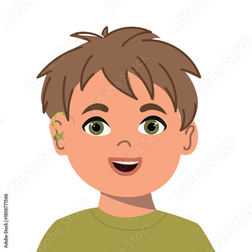 Cartoon portrait of boy wearing a hearing aid. Kawaii vector illustration
