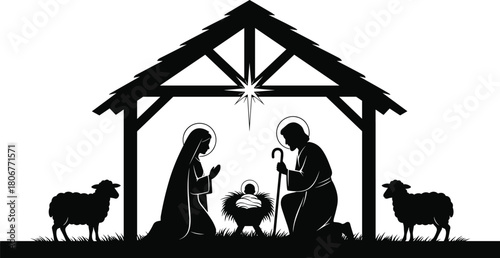 Nativity scene silhouette featuring Mary, Joseph and baby Jesus in manger with star and sheep, Christmas religious illustration for holiday artwork design