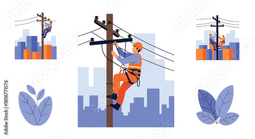 Linemen working on utility poles maintaining power lines in an urban setting