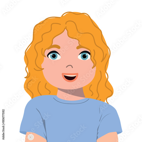 Cartoon portrait of girl with an insulin pump on her arm. Kawaii vector illustration