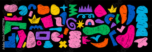 Abstract Freeform set. Curvature Crayon Colorful Hand Drawn various Shapes, Curls, Geometric Forms and doodle objects on Black. Isolated textured drawings scrawls. Vector illustration. Not AI