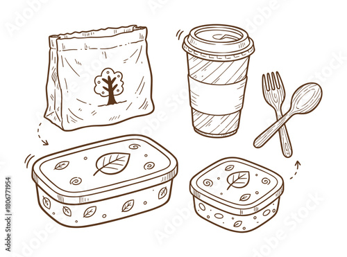Eco Friendly Takeaway Set Doodle Style Vector Illustration, Lunch Boxes, Coffee Cup & Cutlery Illustration, Sketch doodle style ink illustration