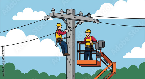 Linemen working on high voltage power lines with safety equipment