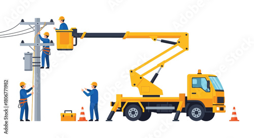Linemen working on electrical infrastructure with a bucket truck and safety equipment