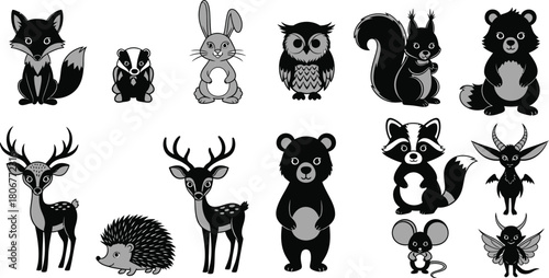 Black and Gray Cartoon Forest and Woodland Animals Set Keywords: fox, badger, rabbit, owl, squirrel, bear, deer, hedgehog, raccoon