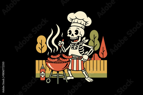 Skeleton Chef Grilling Sausages with a Spooky Halloween Vibe.