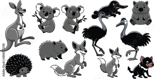 Australian Wildlife Animals Cartoon Collection Kangaroo Koala Wombat Platypus Emu Keywords: kangaroo, koala, wombat, platypus, emu