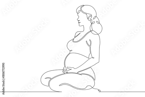 Continuous single line drawing pregnant woman sitting.Beautiful pregnant girl meditating.Yoga for pregnant women.Linear.One continuous line isolated minimalist illustration. Not AI.