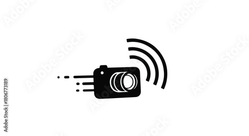 Modern camera icon transmitting data wirelessly, symbolizing digital photography and connectivity.