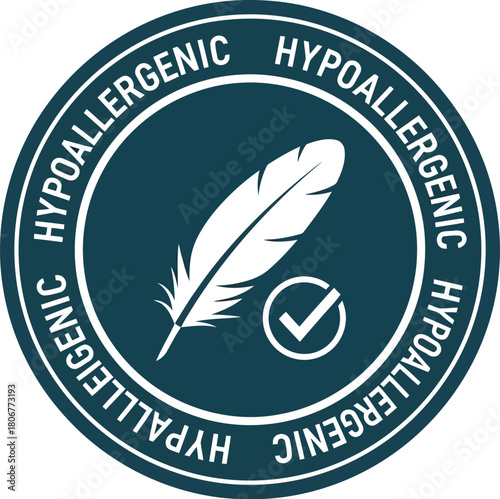 Hypoallergenic certified emblem with feather and checkmark icon for allergy free products and safe materials vector