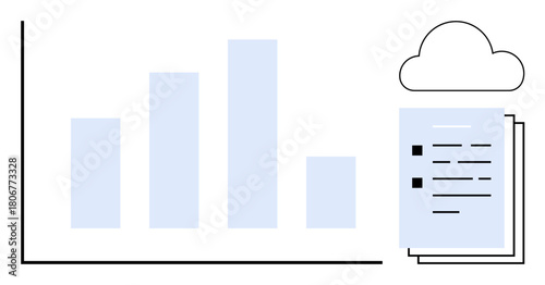 Bar graph highlights data trends alongside documents and a cloud icon. Ideal for data visualization, analytics, cloud storage, productivity, file sharing, business growth, and reporting. A simple
