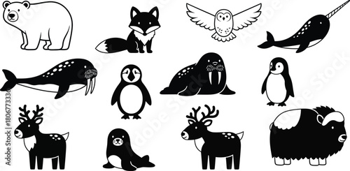 Black and White Cartoon Arctic and Forest Animals Set Keywords: polar bear, fox, owl, narwhal, walrus, penguin, seal, reindeer, musk
