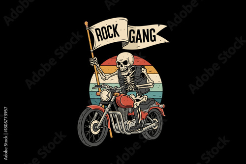 Skeleton biker with rock gang flag riding a motorcycle.
