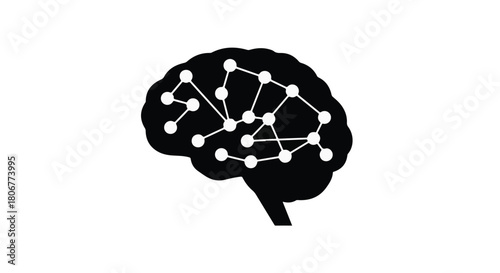 Abstract neural network pattern within a black brain silhouette on white background