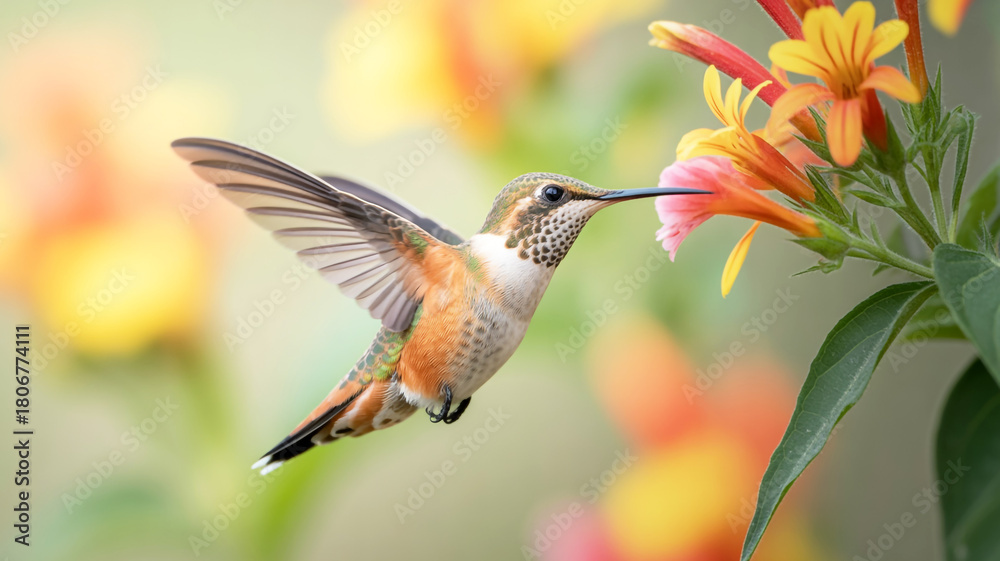 Naklejka premium A close-up photograph of a hummingbird in mid-flight, captured in sharp detail against a soft, blurred background.