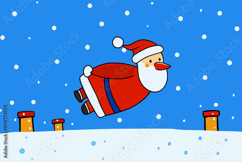 Whimsical Santa Claus Flying Over Snowy Rooftops in Festive Holiday Illustration