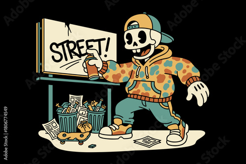Skeleton graffiti artist painting street art on billboard.