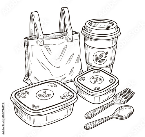 Eco Friendly Takeaway Set Doodle Style Vector Illustration, Lunch Boxes, Coffee Cup & Cutlery Illustration, Sketch doodle style ink illustration