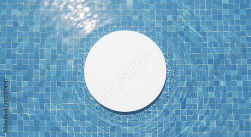 Fototapeta Naklejka Na Ścianę i Meble -  Round white sign mockup on blue mosaic pool tiles background for swimming club branding and summer aqua park logo