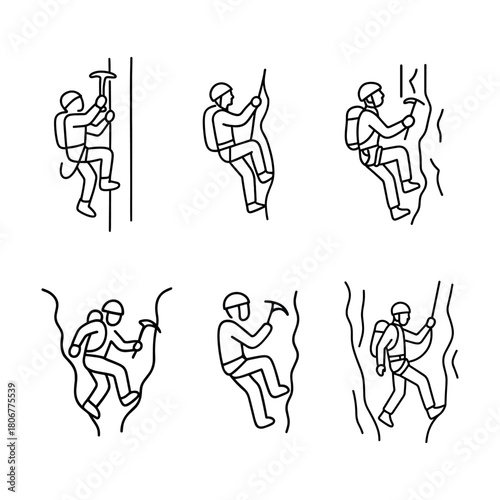 Ice and rock climbing icons – extreme mountain adventure concept for outdoor sports, survival, and expedition themes. Vector illustration.