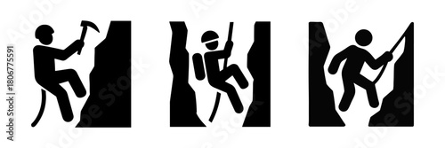 Rock and ice climbing icons – bold adventure concept for mountaineering, survival, outdoor training, and extreme sport designs. Vector illustration.